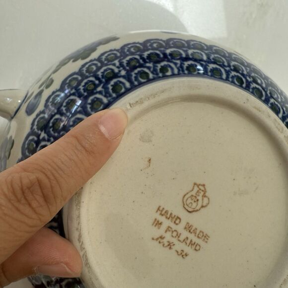 Unikat Polish Handmade Floral Handled Ceramic Mixing Bowl with Spout Blue White - Picture 4 of 11